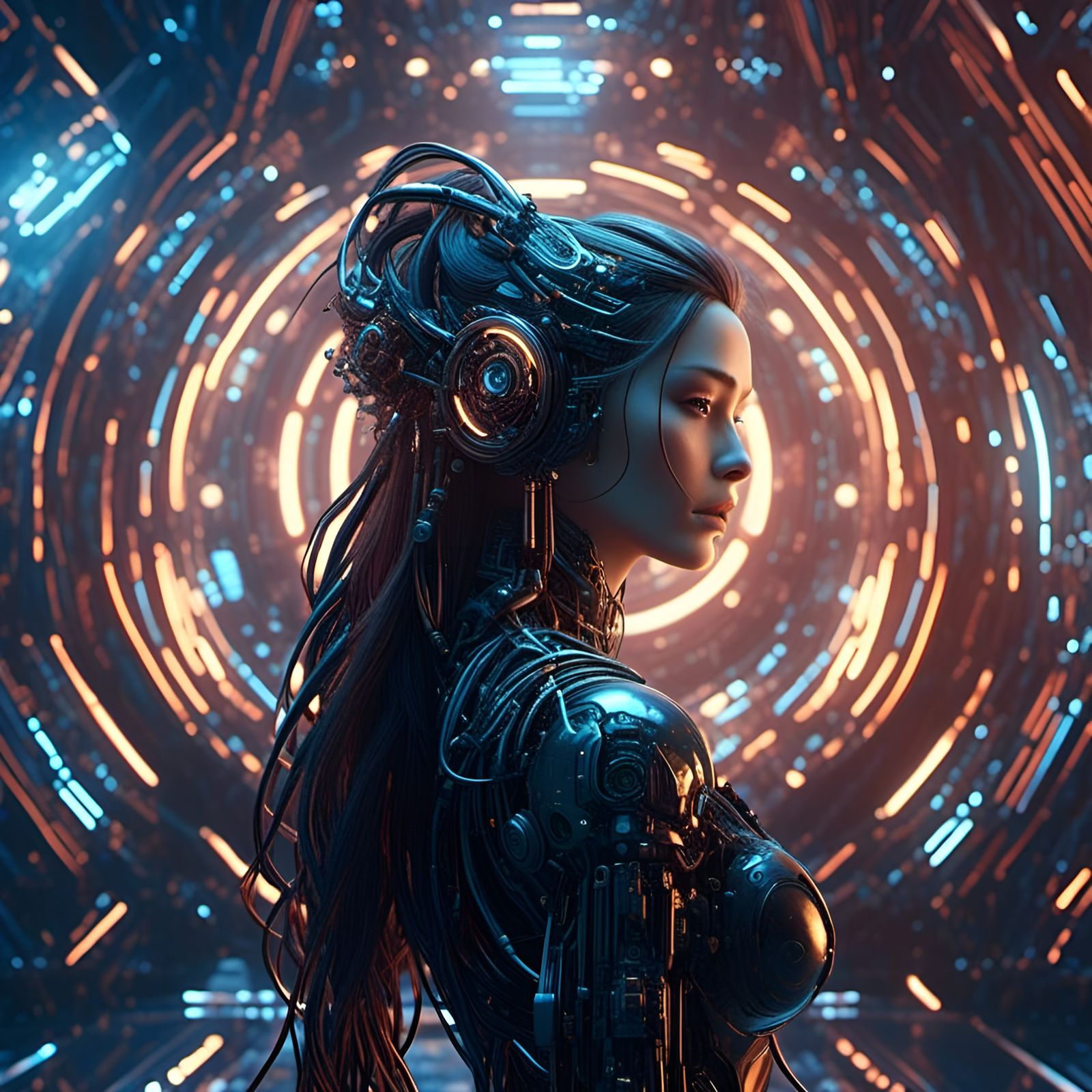 Beautiful Cybernetic Woman in Digital Landscape