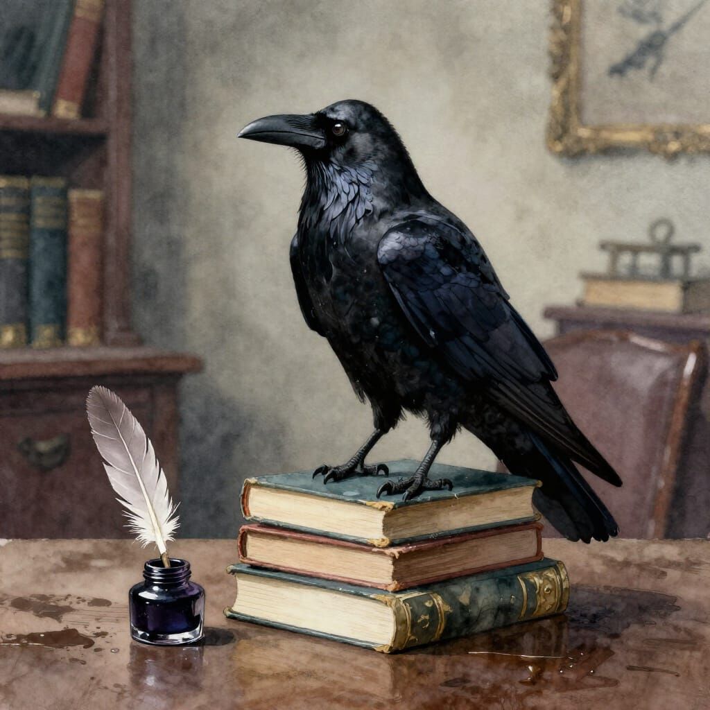 Raven on Books in Spooky Office Watercolor