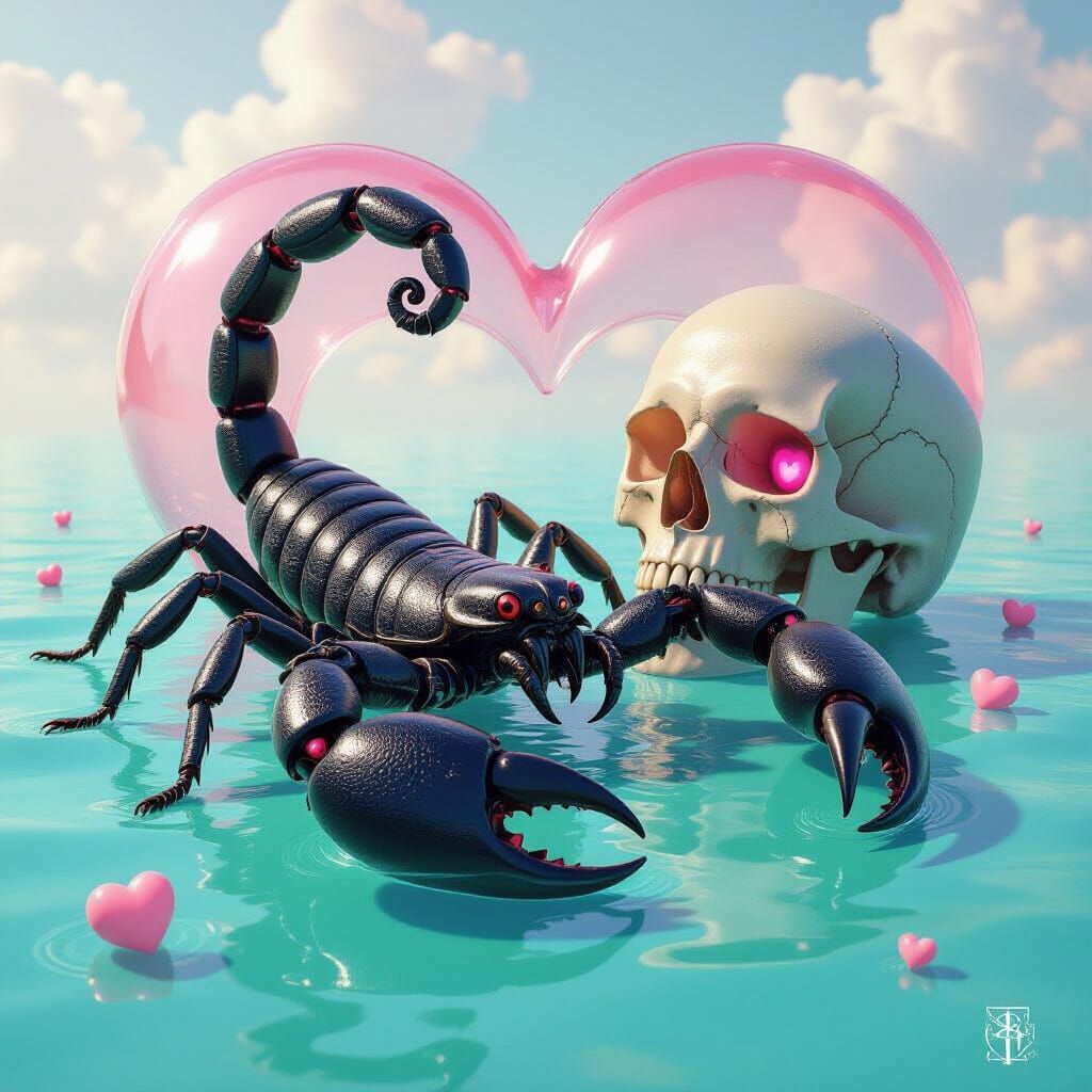 Black Scorpion and Skull in Domed Heart, Hyperrealistic Art