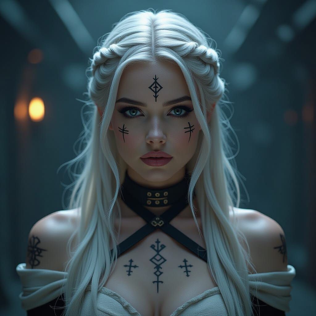 Eerie Woman with Runes in Dark Fantasy Style