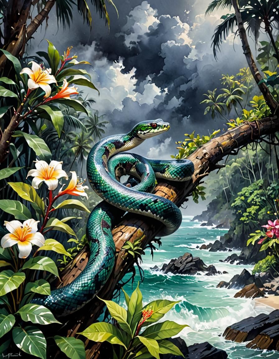 Emerald Boa in Moody Sky, Watercolour and Metallic Ink