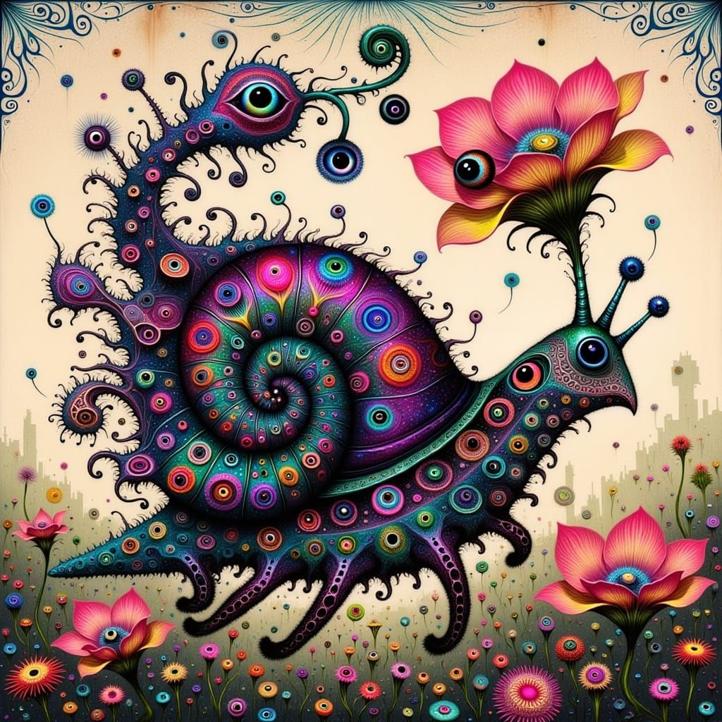 Surrealist Snail in Indigo Hues with Whimsical Bloom