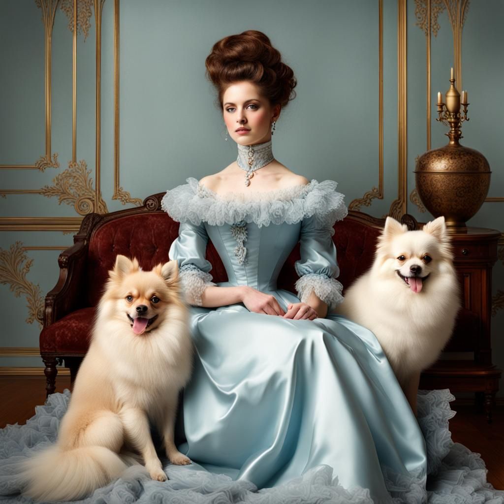 Victorian Lady with Pomeranians in Pale Blue