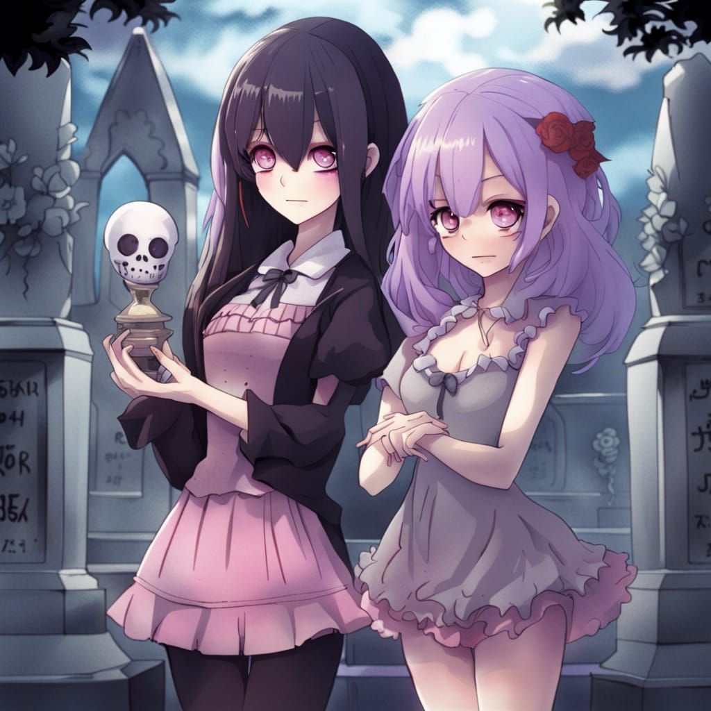 Two Women in Cemetery Drawn in Burton Anime Style