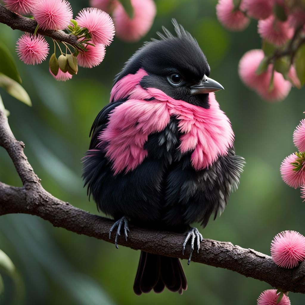 Fluffy Black and Pink Bird in Wildflower Garden