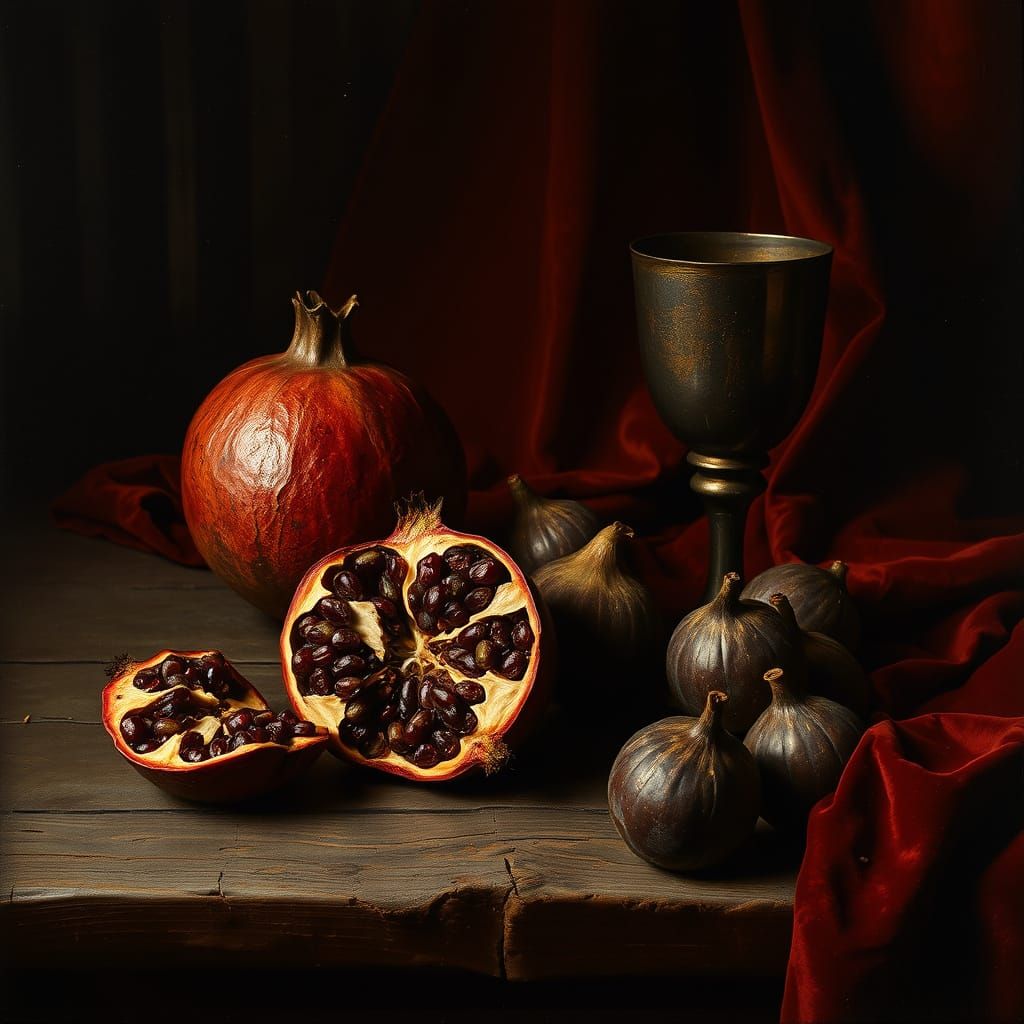 Muted Still Life with Cracked Pomegranate and Velvet