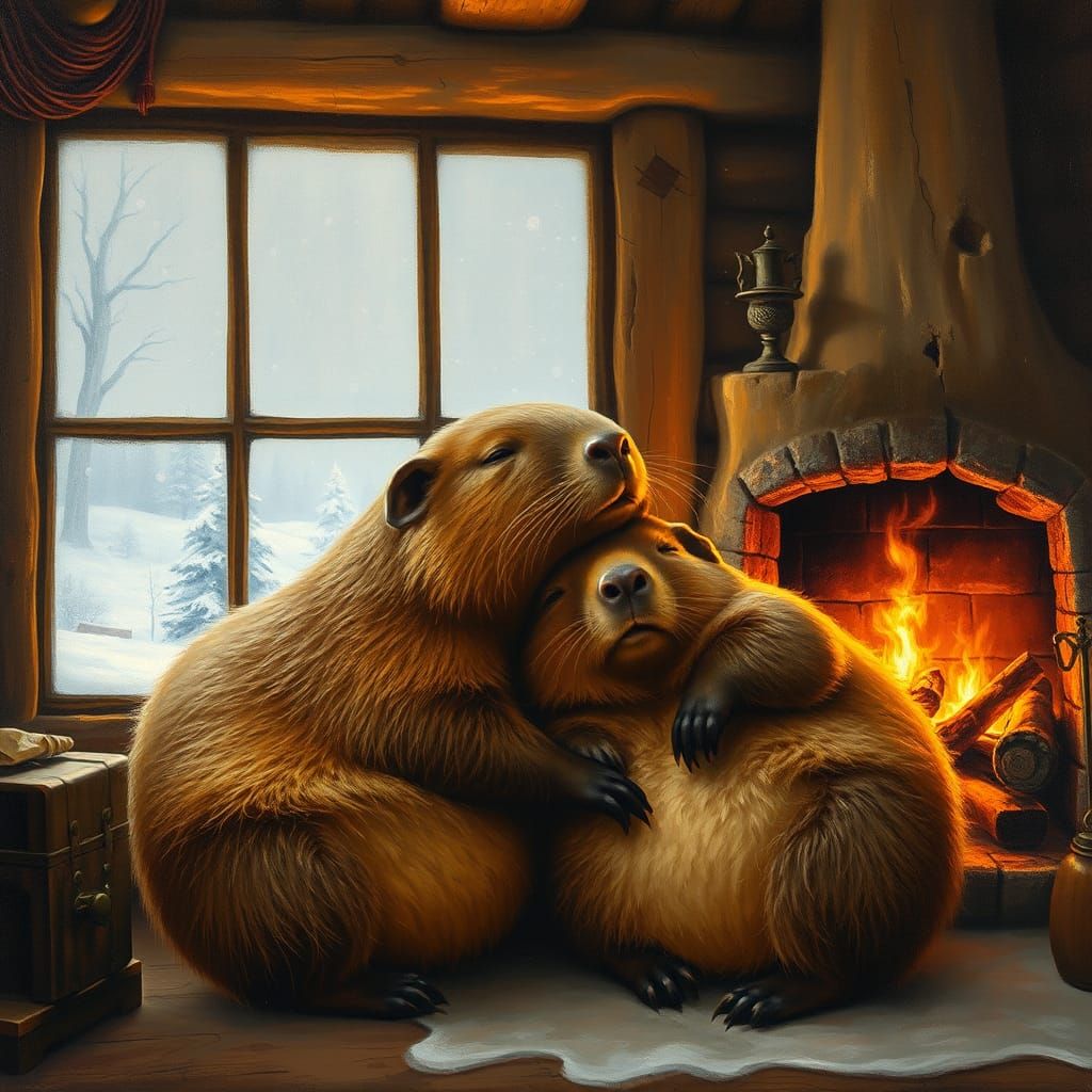 Capybaras Sleeping by Fireplace in Winter Cabin