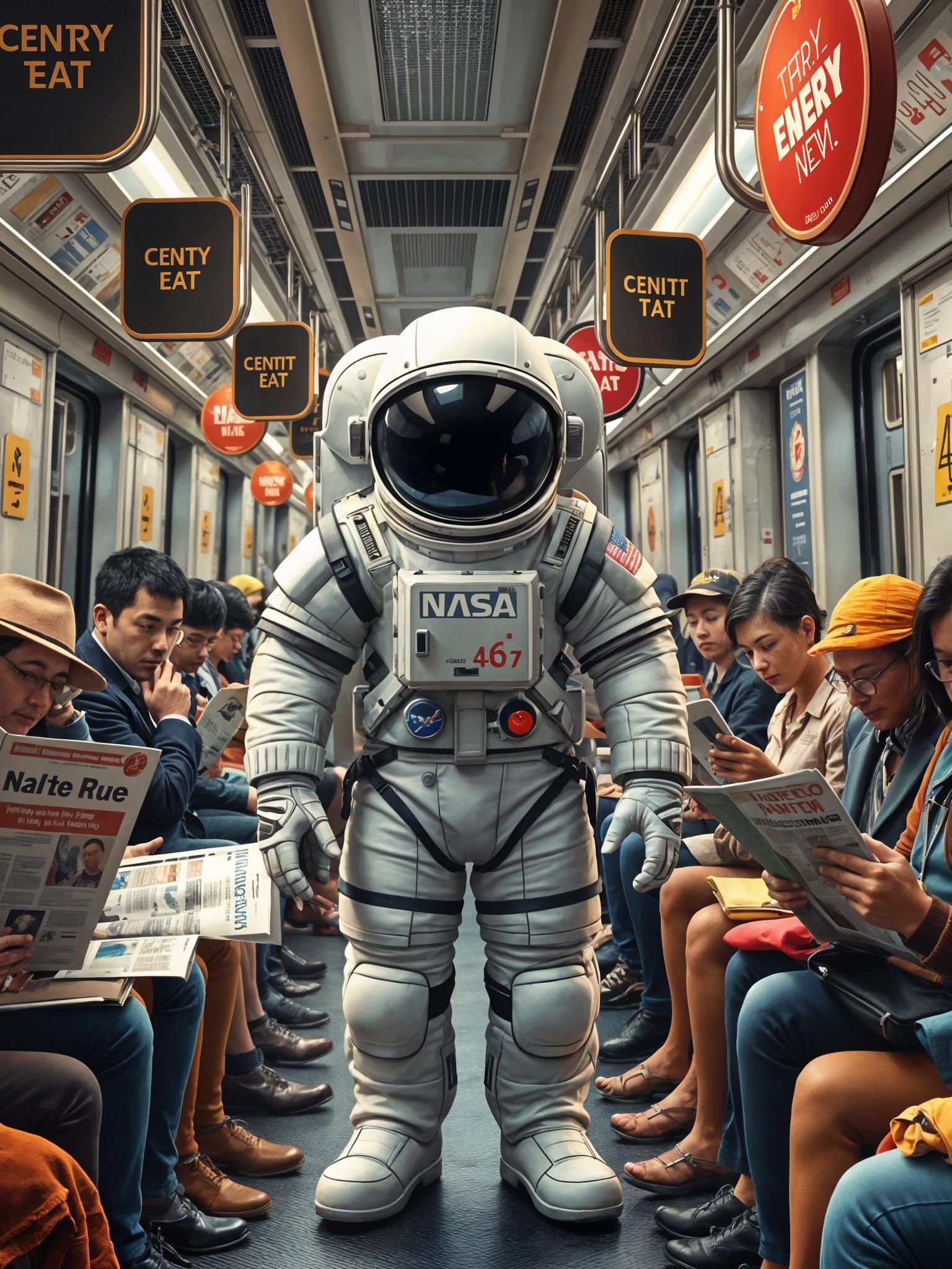 Whimsical Astronaut in New York Subway, Ignored by Commuters