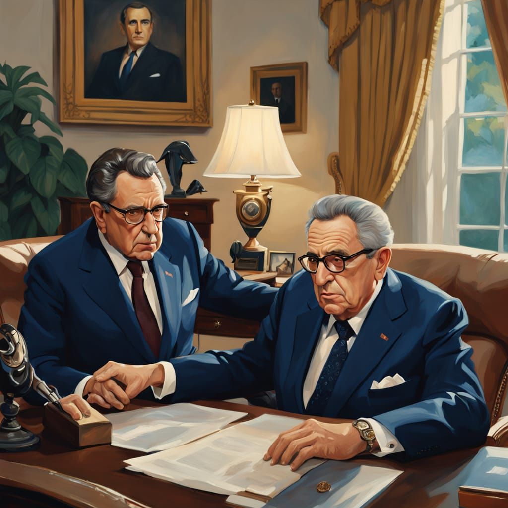 Kissinger Briefs Nixon in Realistic Historical Oil Painting