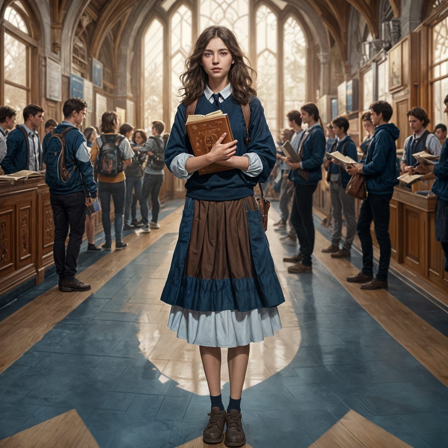 a therteen years old girl with brown wavy hair holding a boo...