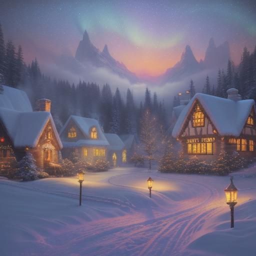 Festive Elf Village with Northern Lights, Digital Art