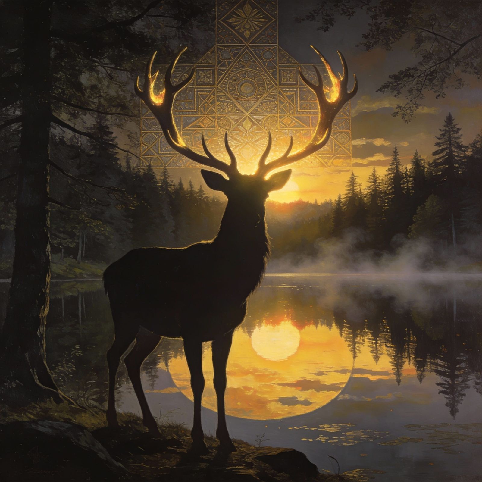Majestic Stag at Sunrise in Surreal Forest
