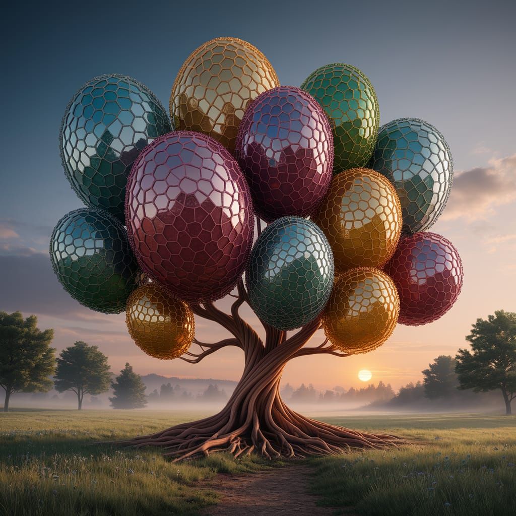 Surreal Glass Mosaic Eggs Bloom on Tree of Life at Sunrise