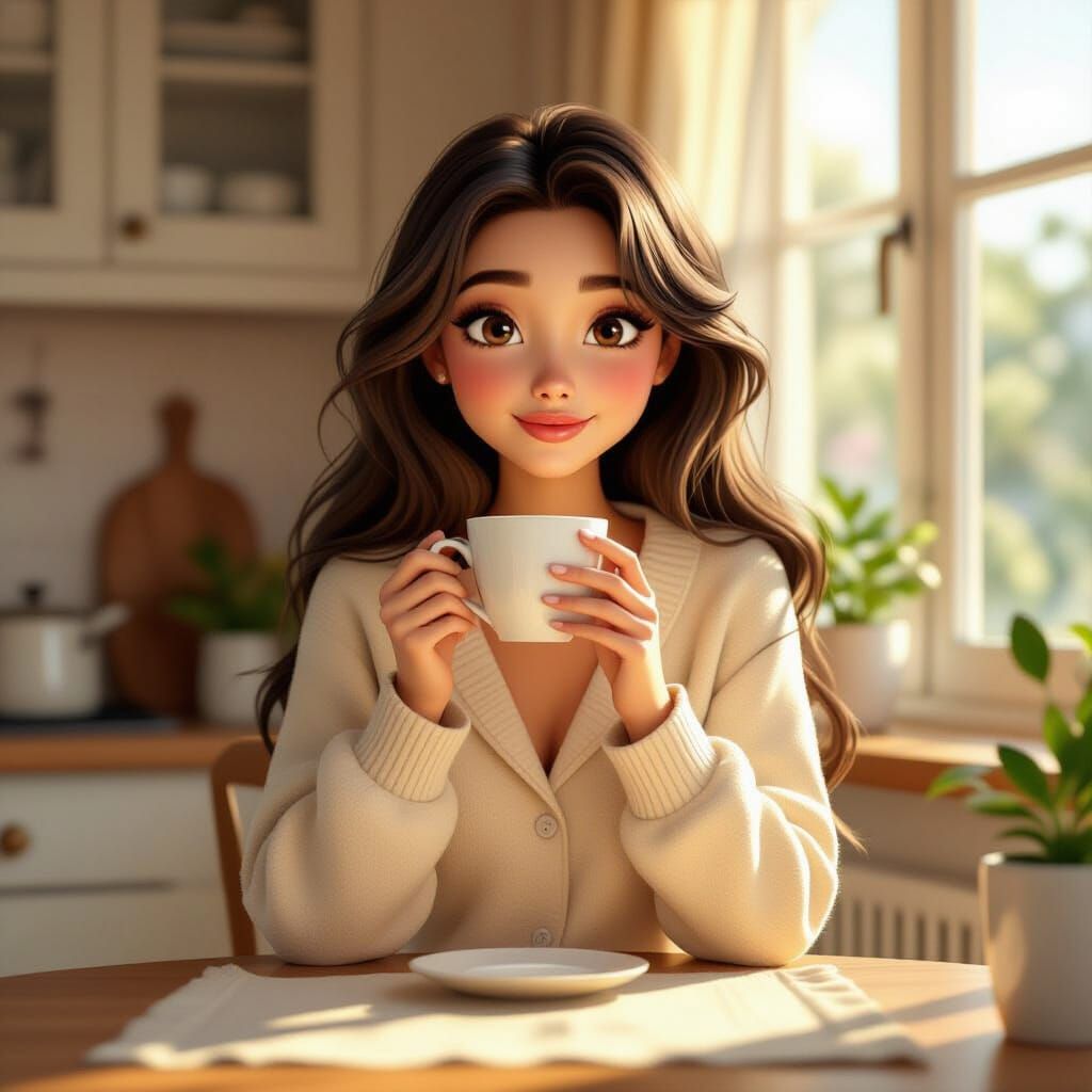 Cozy Morning Coffee: Woman in Sunlight, 3D Pixar-Style