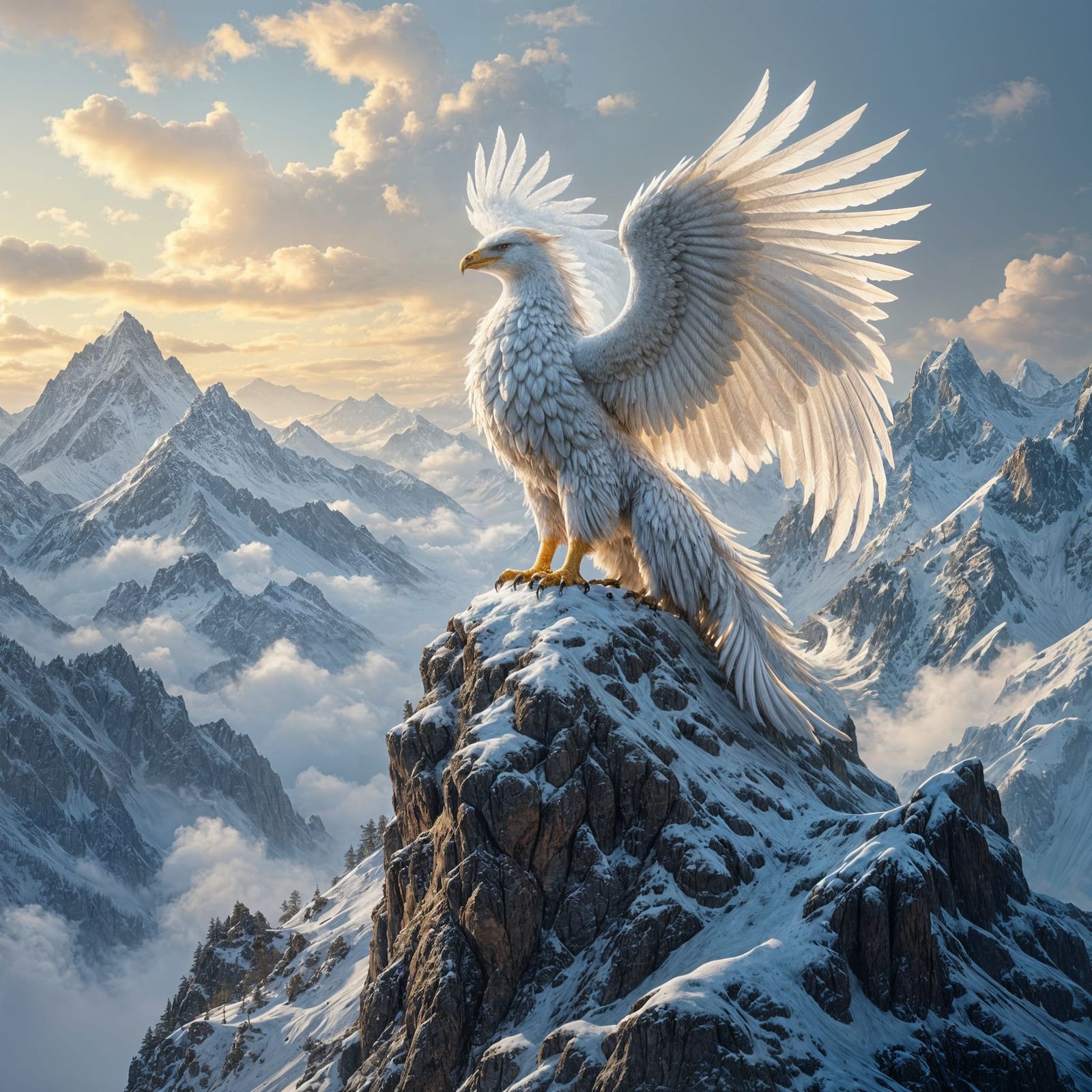 Griffin Overlooking Misty Valley in Hyperrealistic Fantasy A...