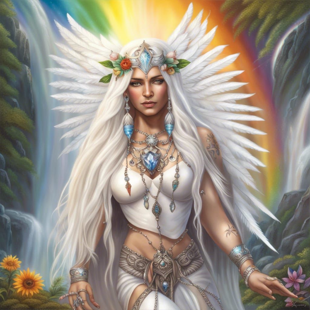 Elven Angel Warrior in Rainbow Garden, Dark Fantasy Art