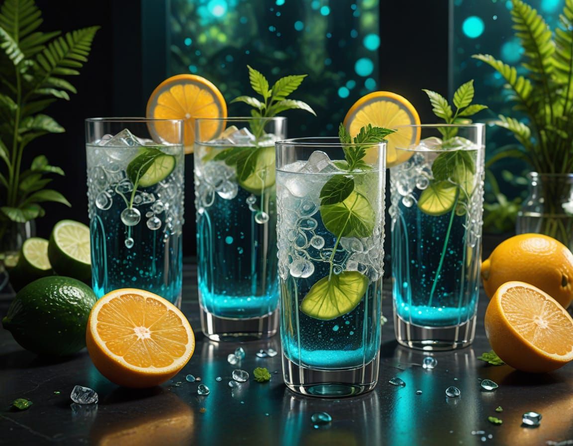 Crystal Clear Effervescent Drink in Bioluminescent Forest
