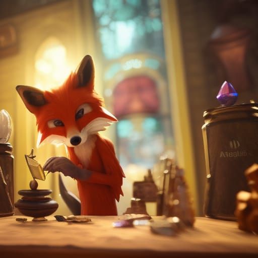 Anthropomorphic Fox Haggling in Crystal Shop: 3D Render