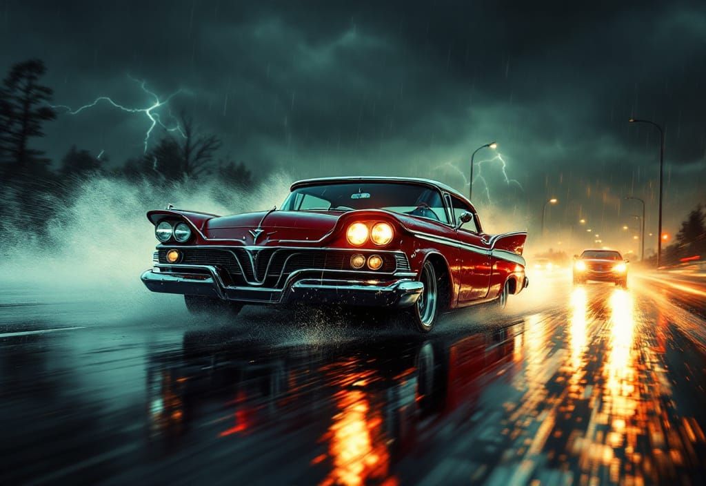 Plymouth Fury Races Through Stormy Night, Syd Mead Style