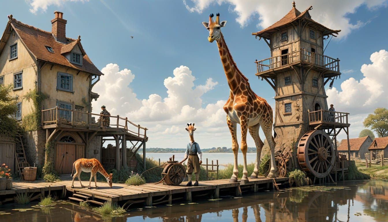 Giraffes in a Whimsical Dutch Golden Age Scene