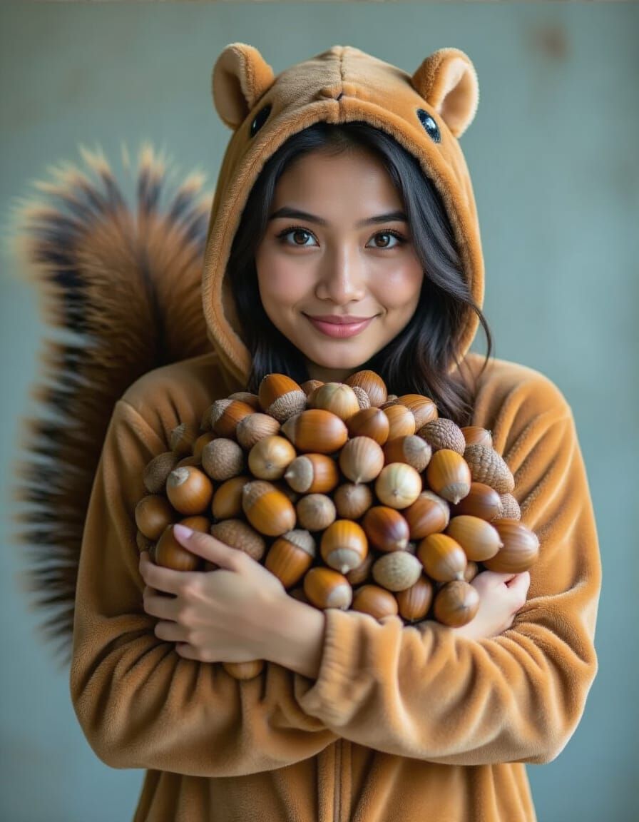 Indonesian Woman in Squirrel Costume Hiding Acorns
