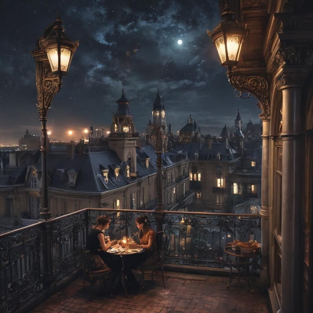 Steampunk Romance: Couple Dining Above the City