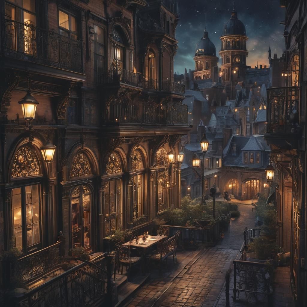 Romantic Steampunk City View at Night