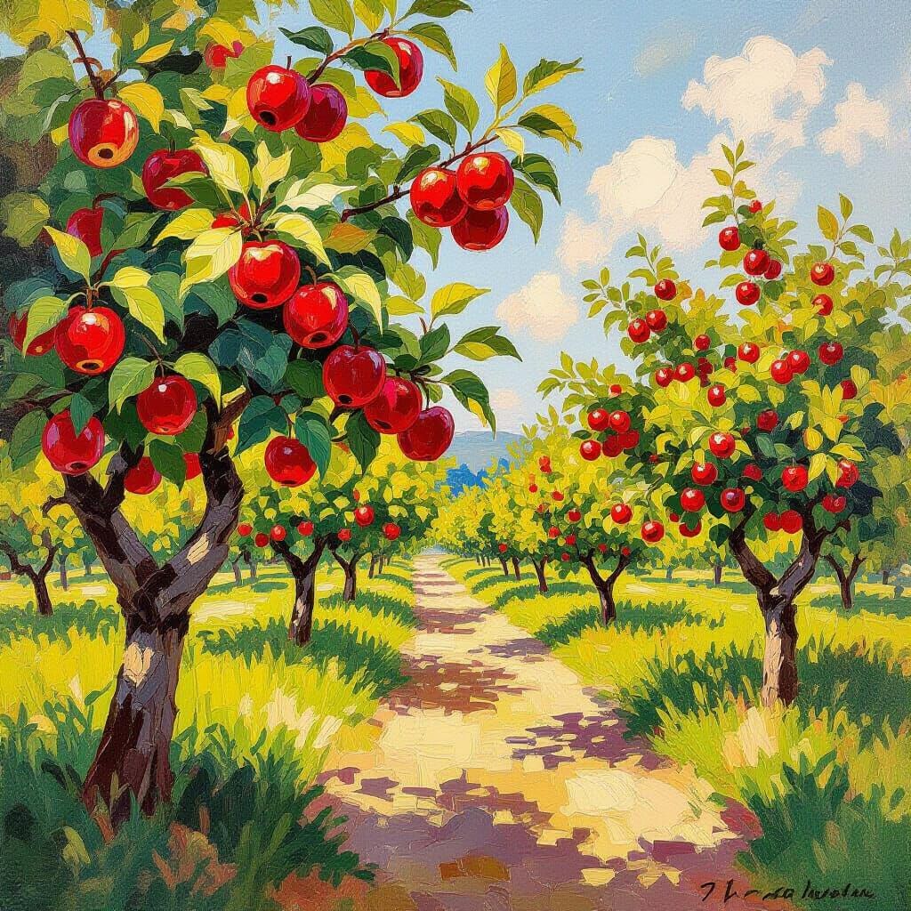 Vibrant Apple Orchard in Golden Afternoon Light