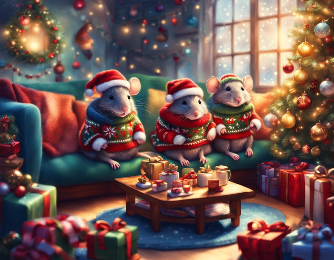 Cute Mice in Festive Sweaters on Christmas Couch