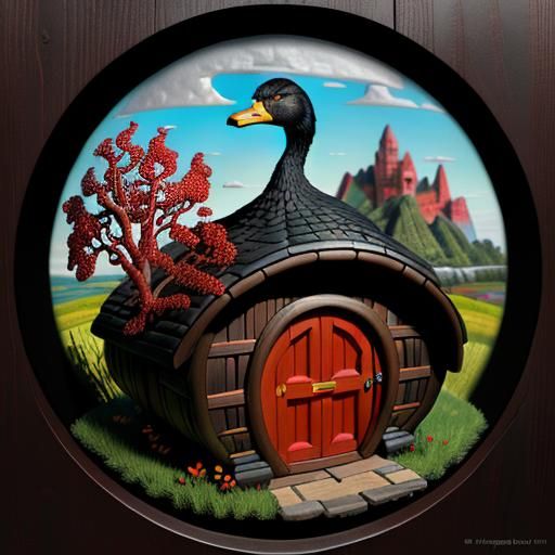 Surreal Duck Hybrid in Hobbit Home Doorway
