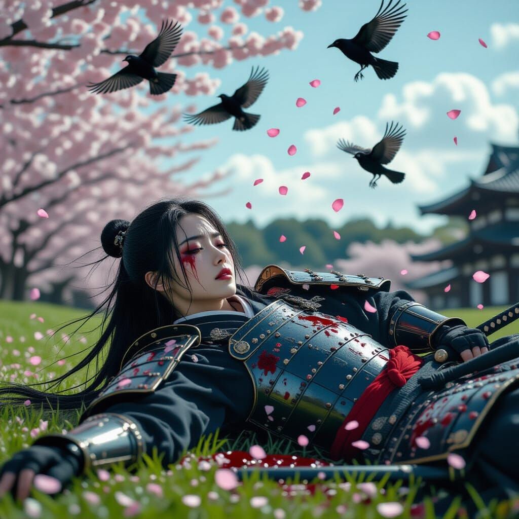 Lifeless Samurai Woman Under Sakura Tree