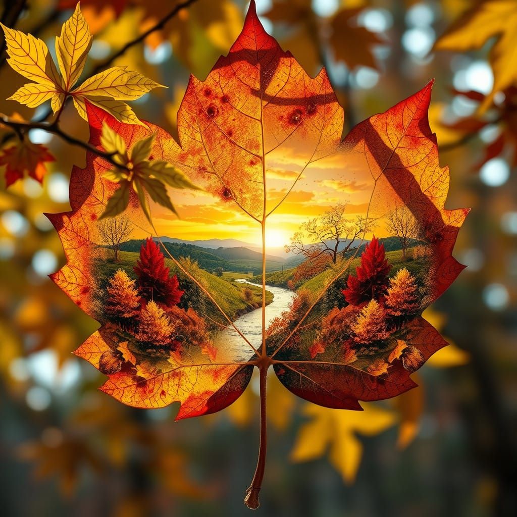 Vibrant Maple Leaf with Hidden Earthly Landscape