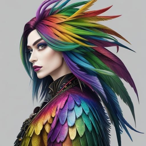 Rainbow Dragon Woman with Feathered Hair in Abstract Art