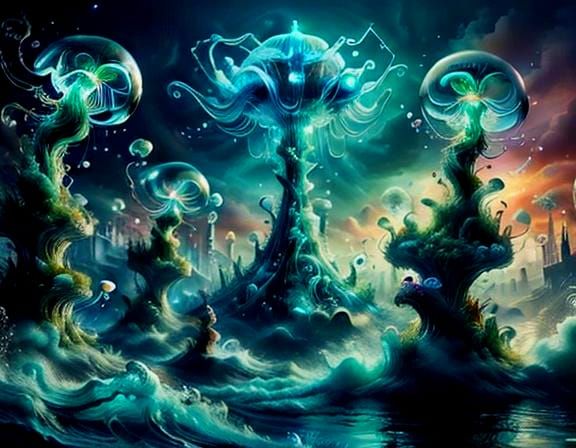 Underwater City in Watercolor Mosaic Style