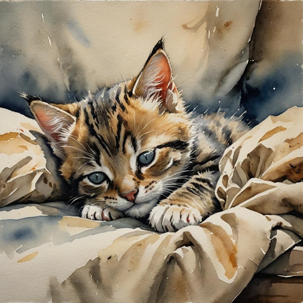 Adorable Kitten Napping: Watercolor Painting