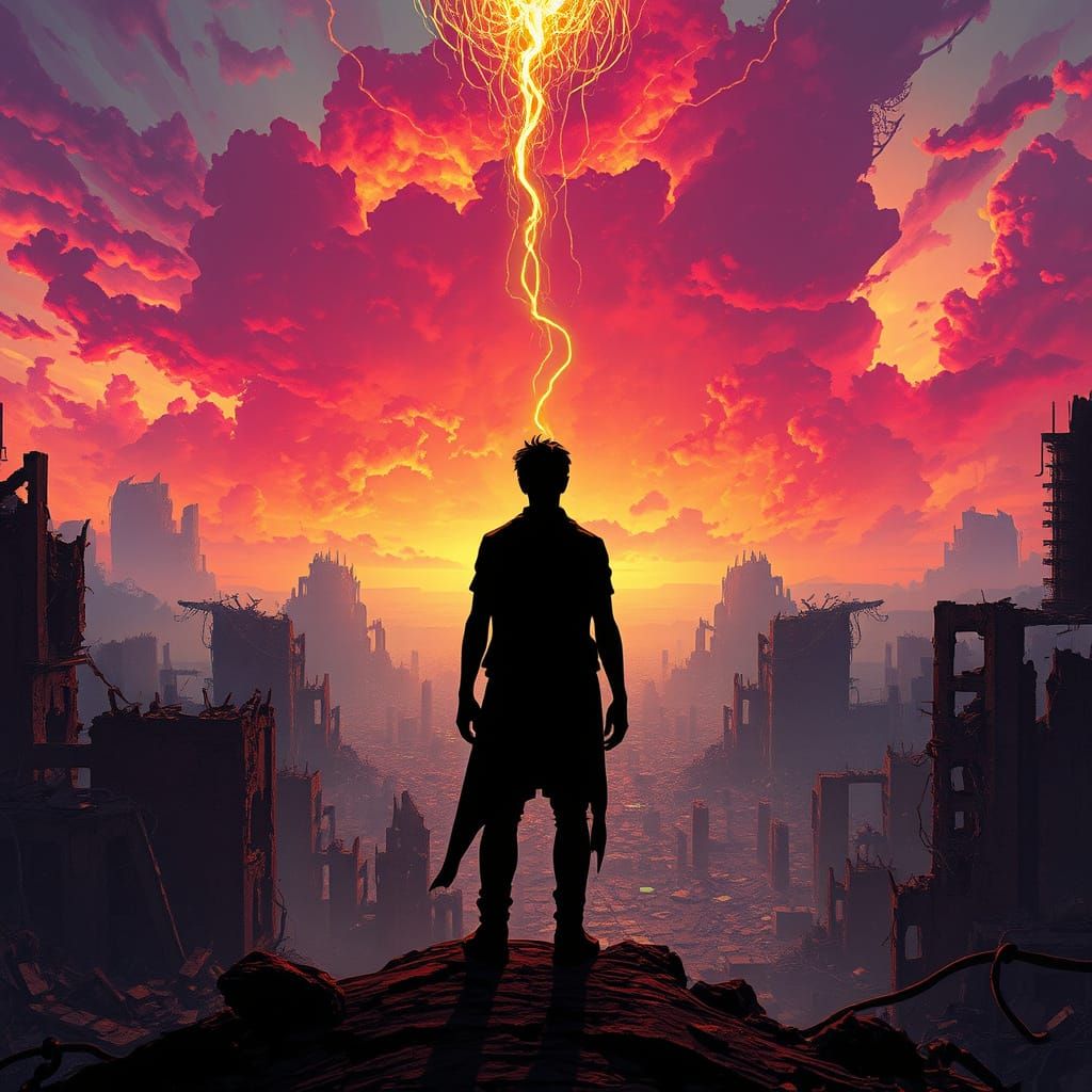 Figure Emerges from Ruins, Ascending into a Realm of Endless...