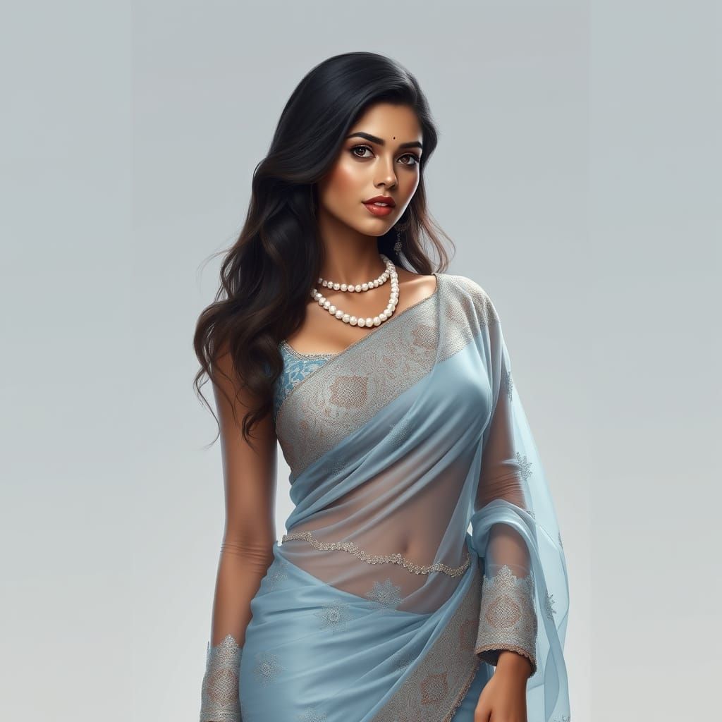 Elegant Indian Woman in Light Blue Saree with Pearl Necklace