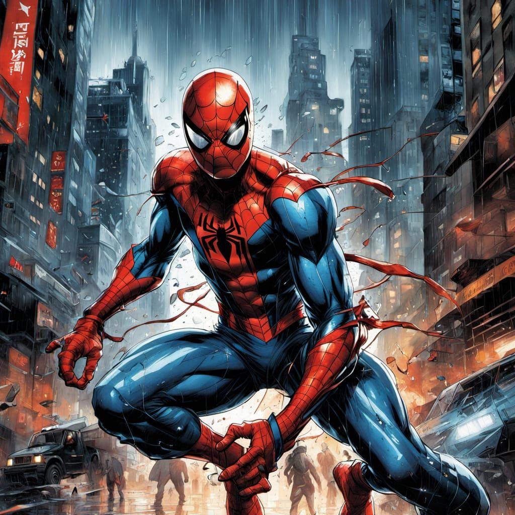 Spiderman Fights Androids in Dynamic Comic Art Style