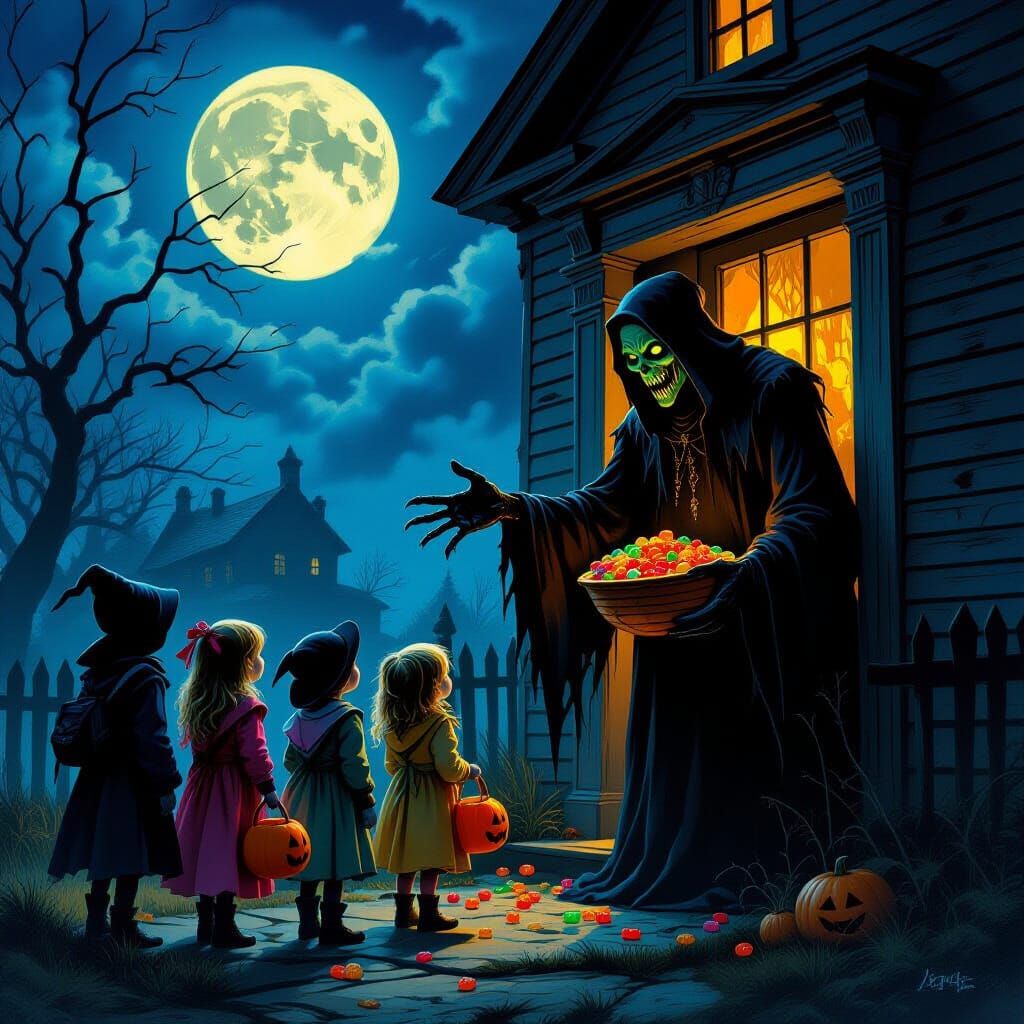 Children Approach Haunted House in Dark Fantasy Style
