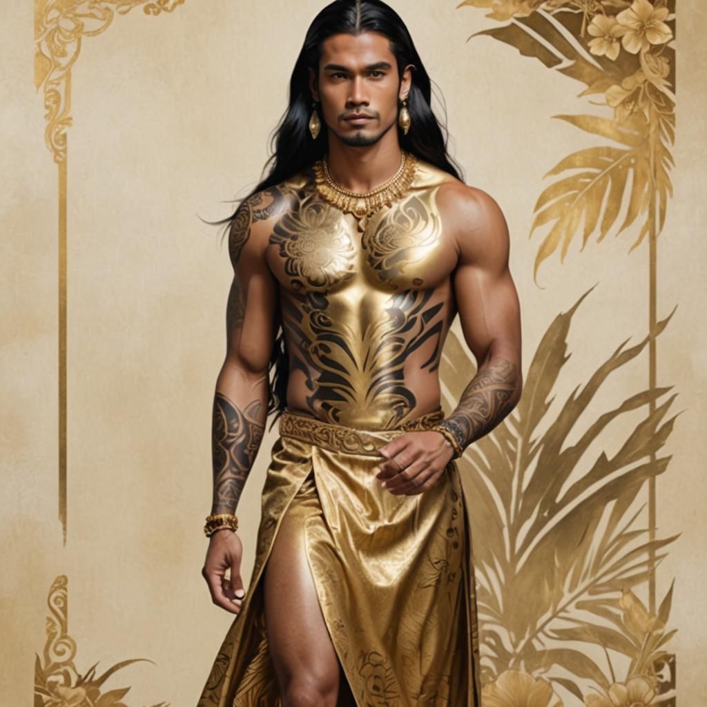 Polynesian Man in Metallic Gold Dress Portrait