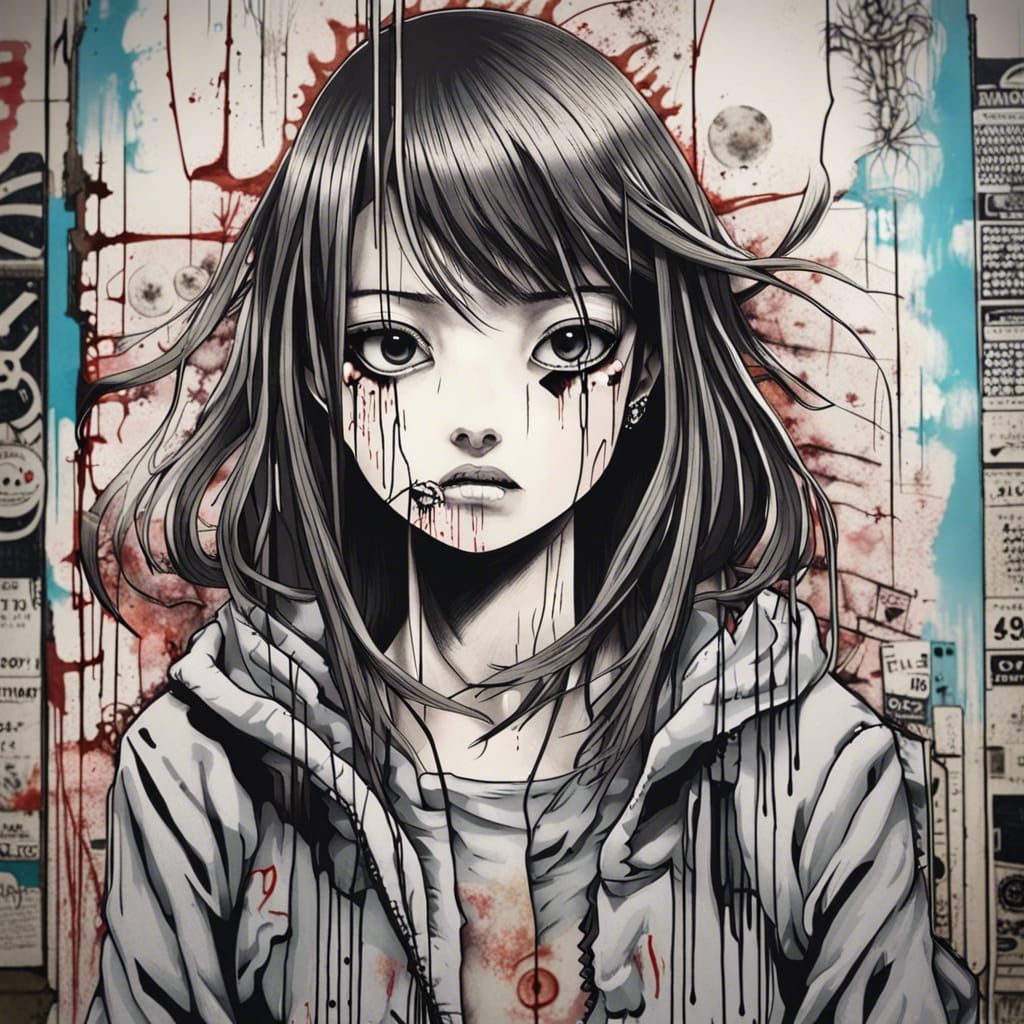 Anime Graffiti Street Art Girl in Junji Ito Style