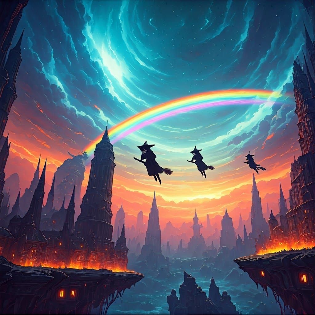 Electric Rainbow Over Demon Realm with Flying Monsters