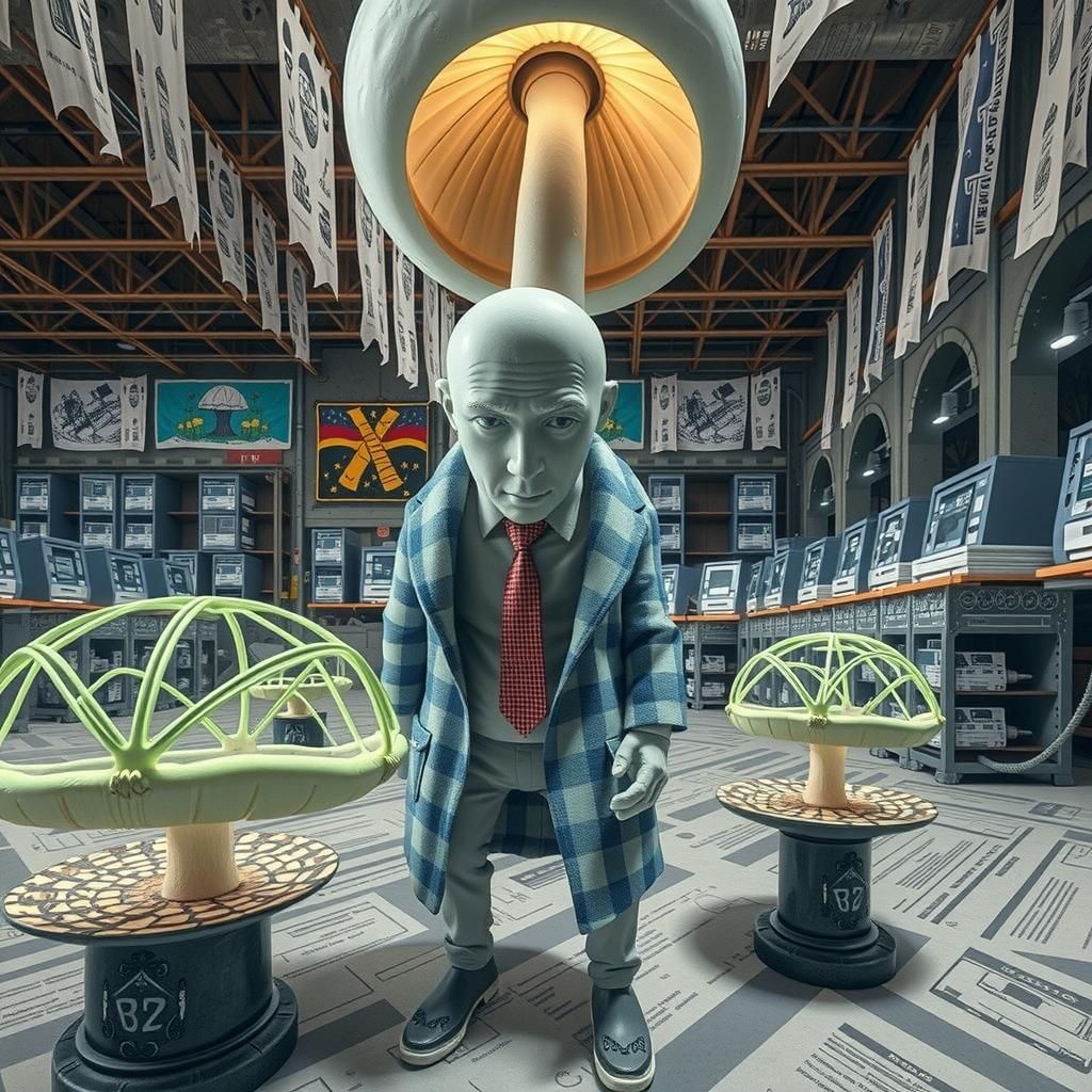 Dystopian Porcelain Bureaucrat with Mushrooms, Hyperrealisti...