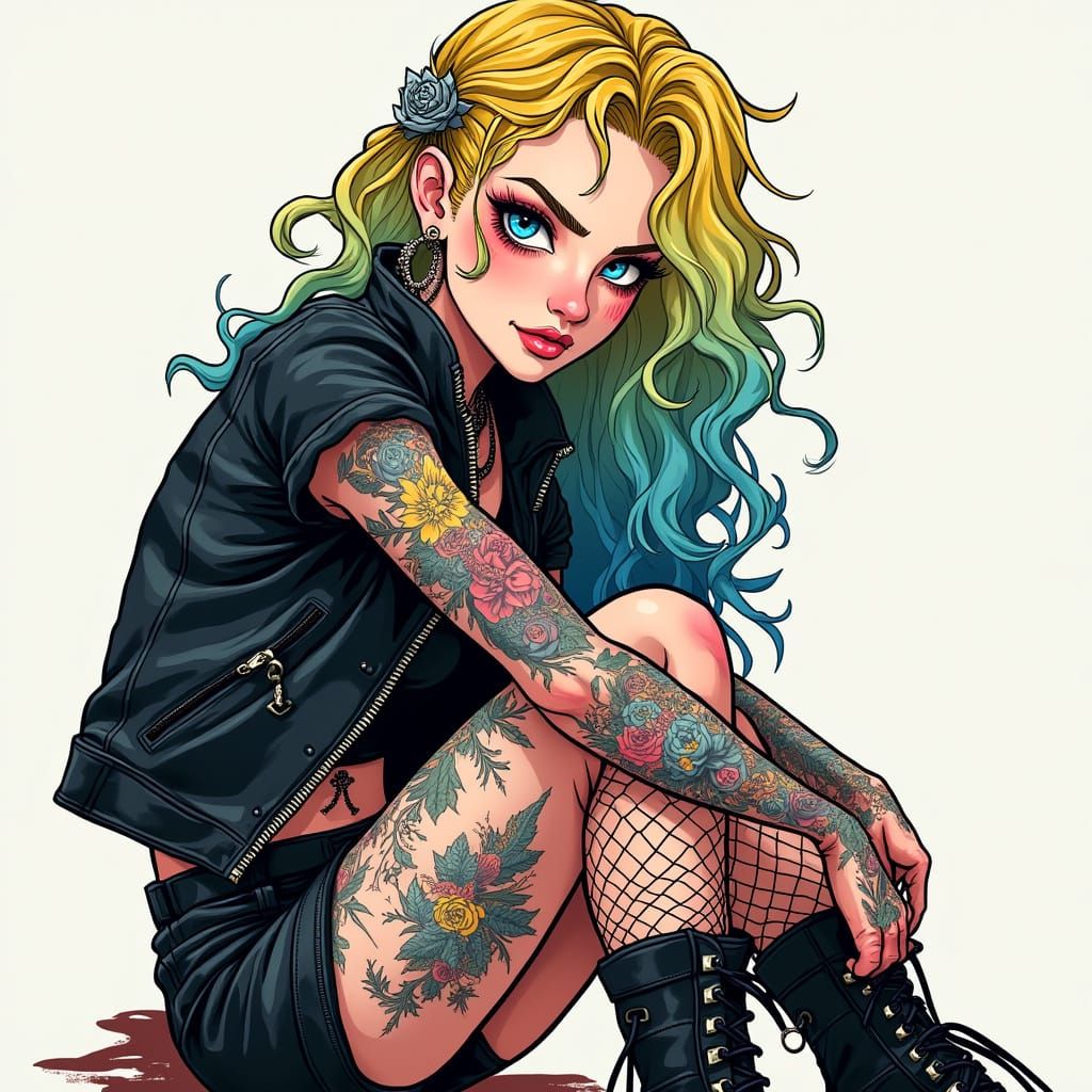 Gritty Punk Rock Goddess with Whimsical Tattoos