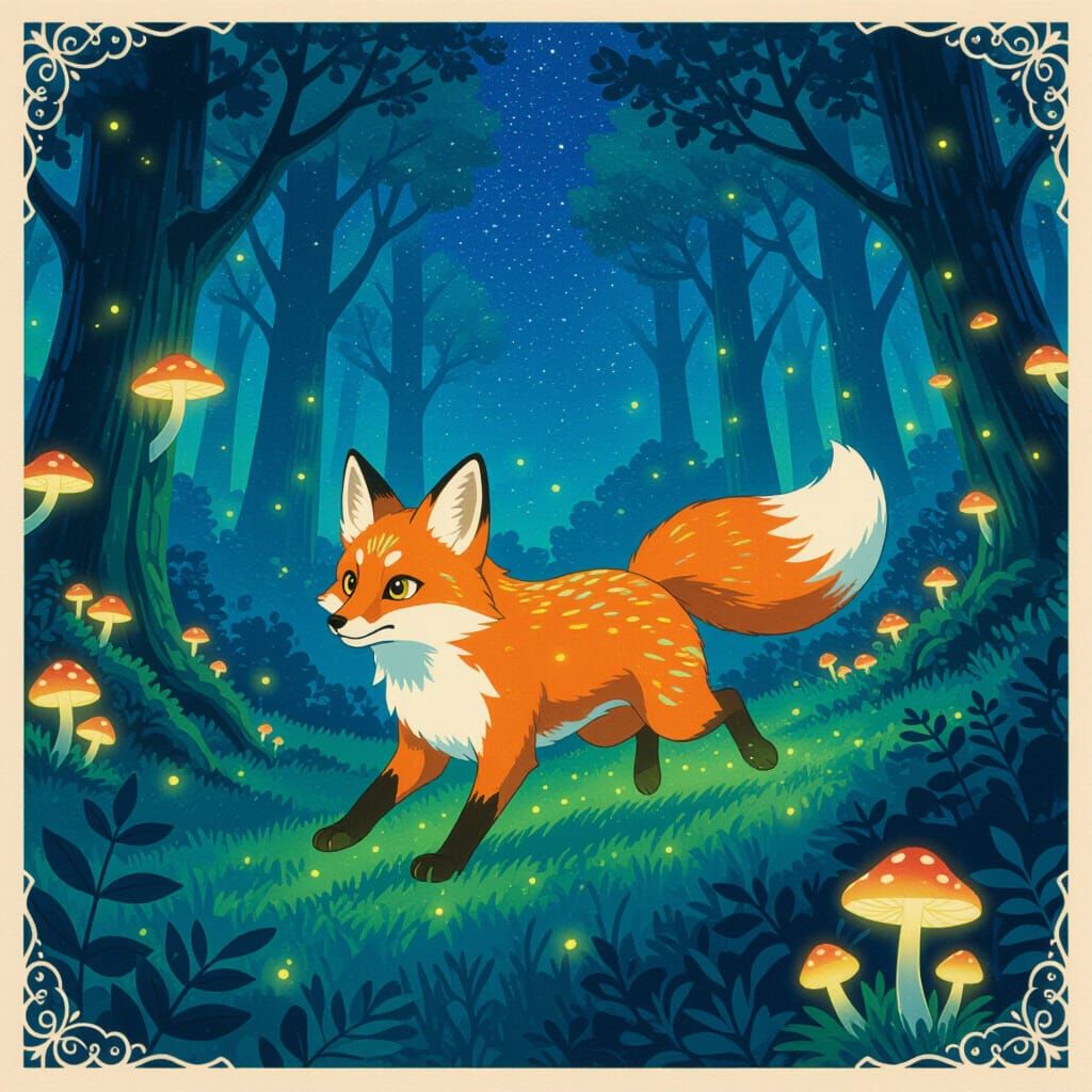 Bioluminescent Fox in Enchanted Forest, Ghibli Style