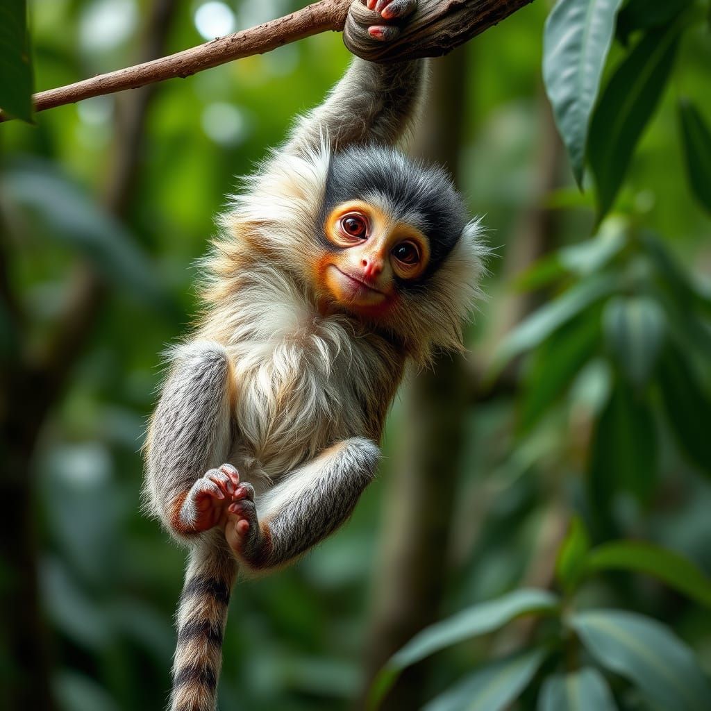 Realistic Marmoset Hangs from Jungle Tree Limb in Adorable S...