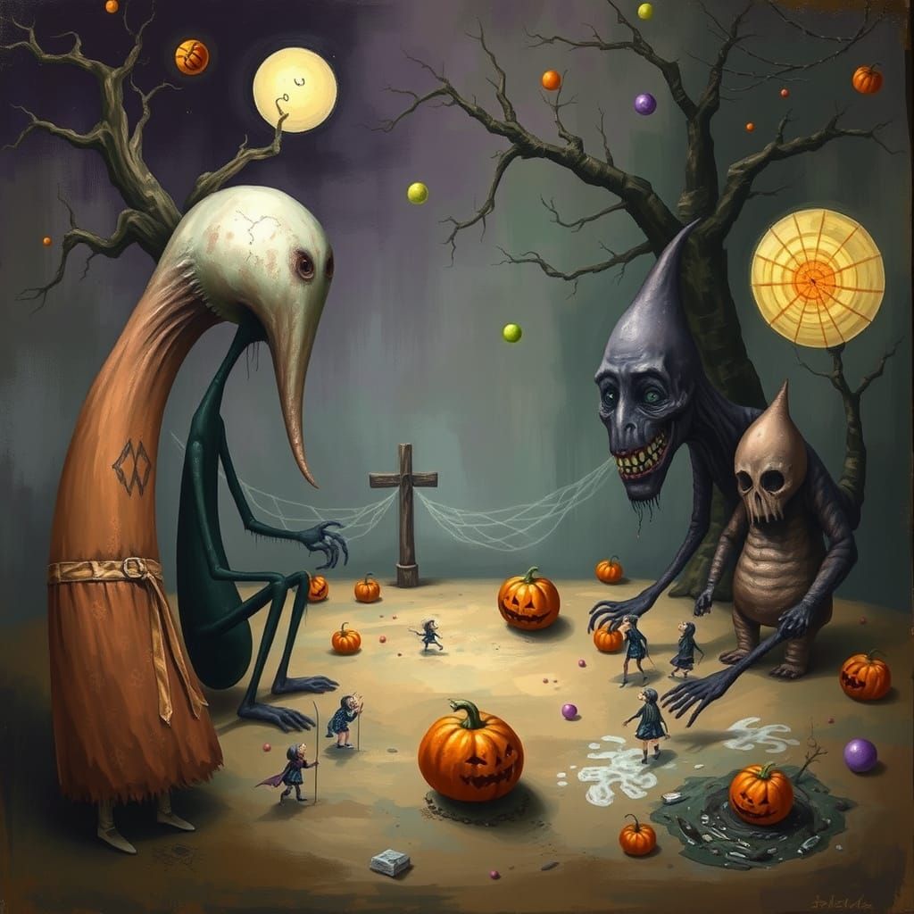 Surreal Halloween Scene with Elongated Forms