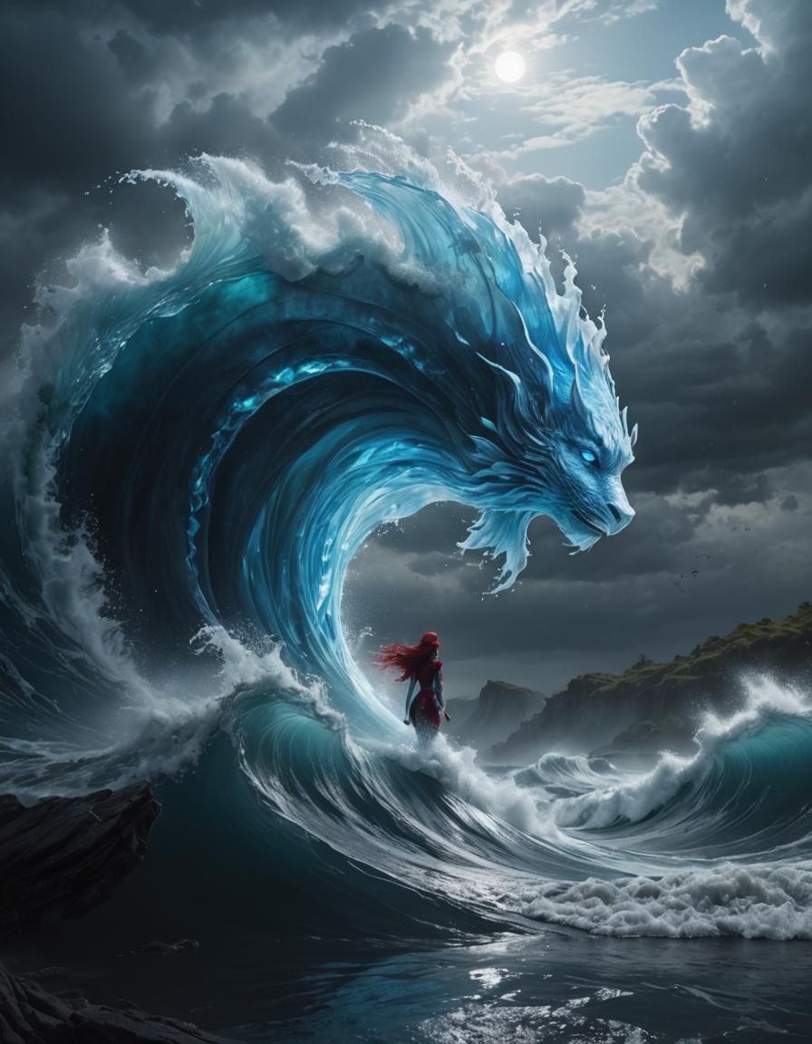 Undine Water Elemental and Red Mermaid Digital Painting