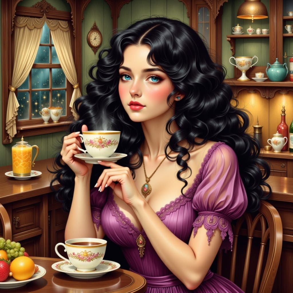 Young Woman's Breakfast in Alphonse Mucha Style