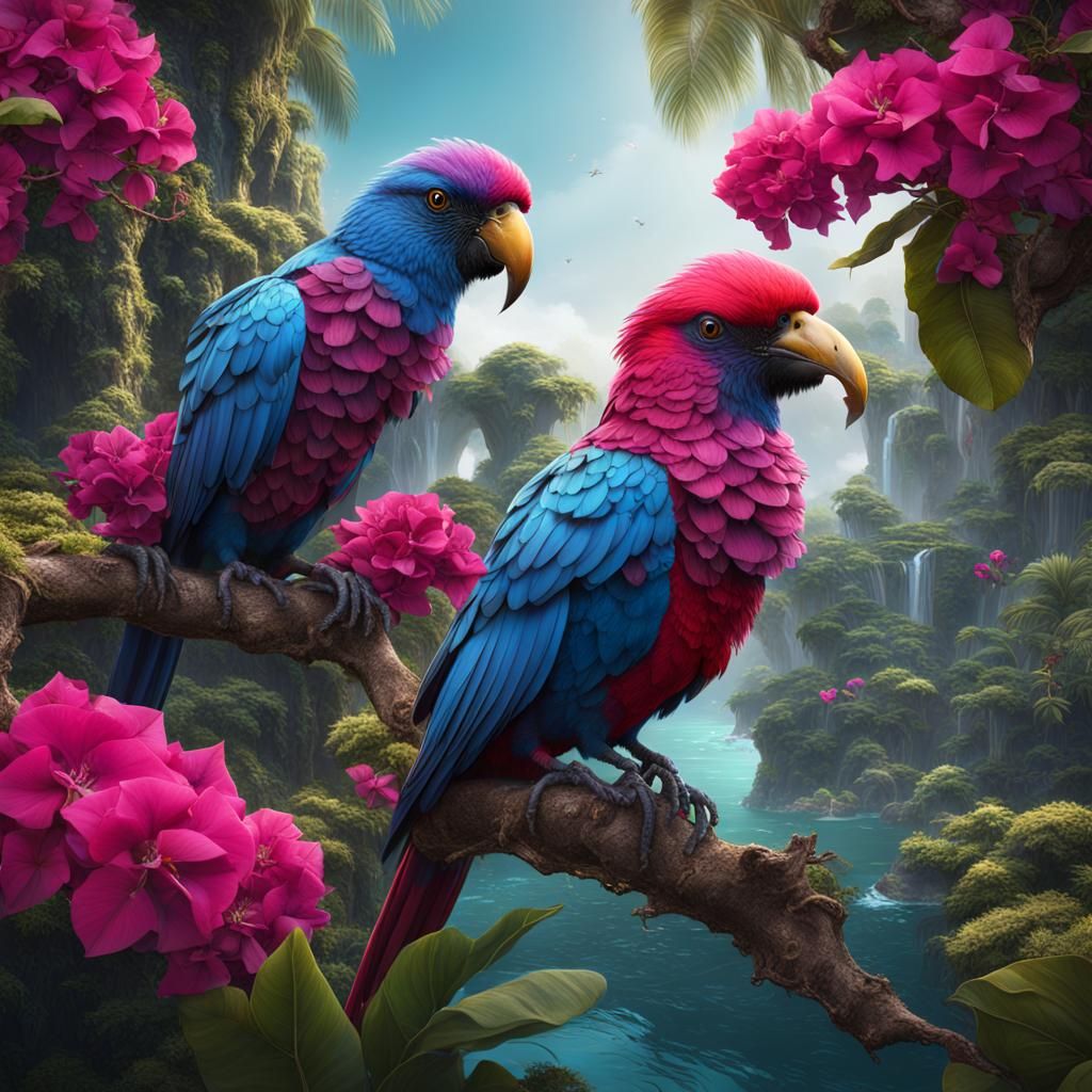Tropical Birds and Bougainvillea Flowers